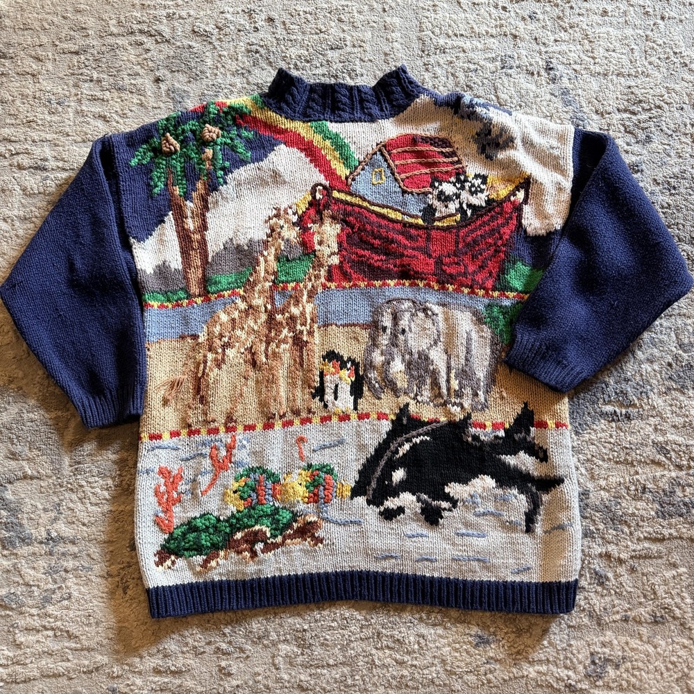 Vintage Tiara International Sweater Womens L Navy Noah's Ark Mock Neck 90s